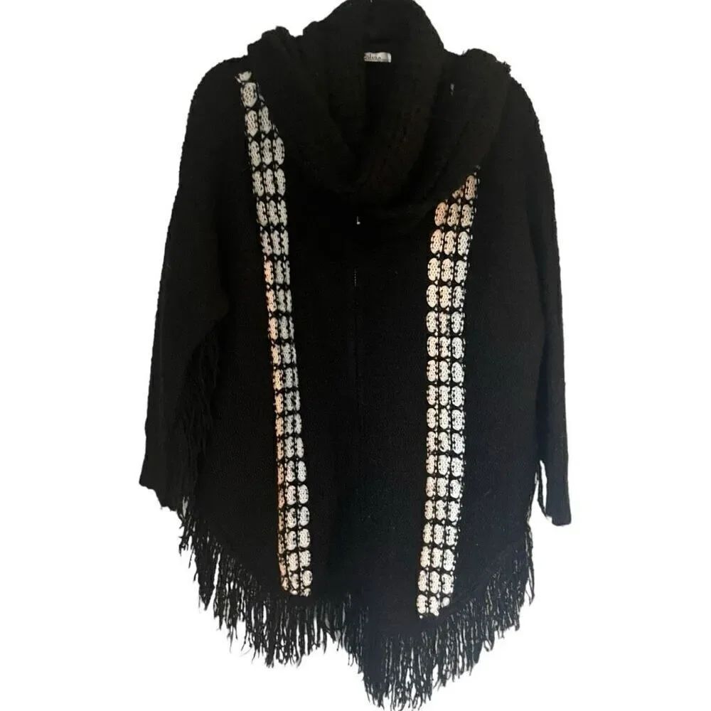 Silvia Fashion Zip Front Cape Poncho Sweater & Scarf Alpaca /Cotton Black White